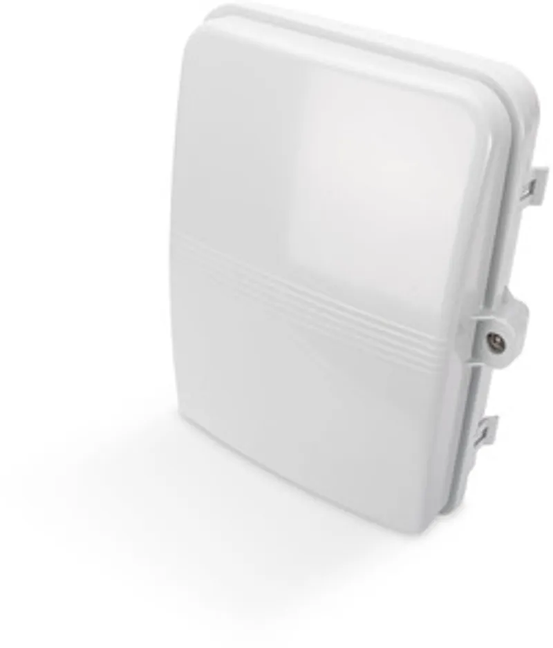 Scatola FTTH DIGITUS bianca chiusa con coperchio liscio e staffe di fissaggio laterali per fibra ottica esterna.
