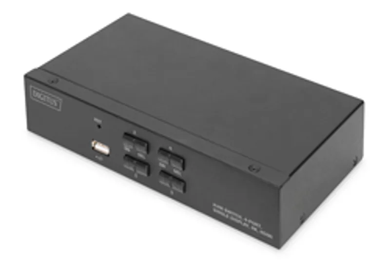 Коммутатор DIGITUS KVM Switch 4-порт HDMI 4K с USB-портом и четырьмя кнопками переключения на чёрном корпусе на белом фоне