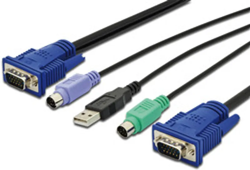 Кабель DIGITUS KVM D-Sub15-USB 3м с двумя синими D-Sub15, чёрным USB-A и разъёмами PS/2 для подключения клавиатуры и мыши к