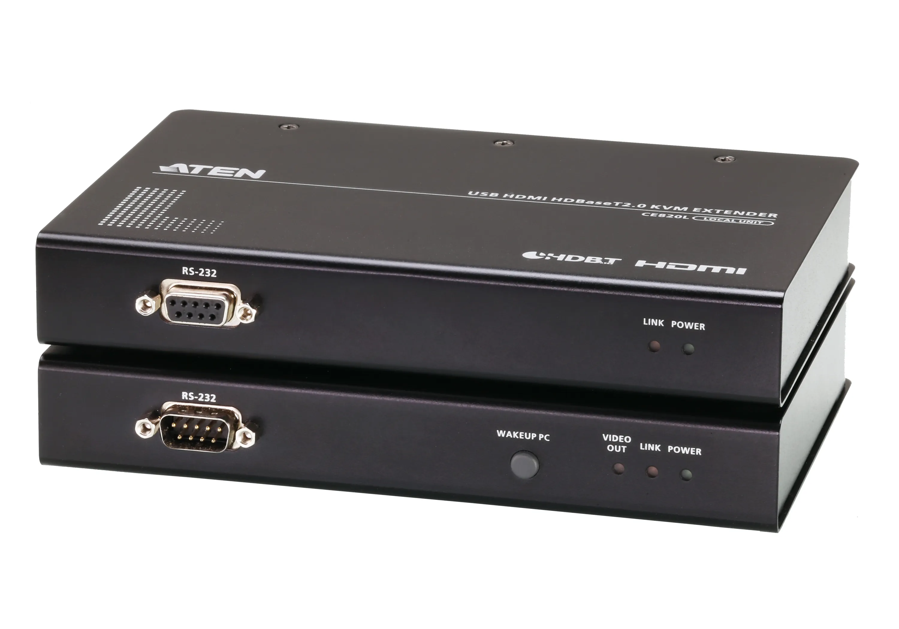 Extensor de video/audio Aten HDMI 4K 100m con unidad local y remota apiladas mostrando puertos RS-232, LEDs y ventilación Extensor de video/audio Aten HDMI 4K 100m con unidad local y remota apiladas mostrando puertos RS-232, LEDs y ventilación