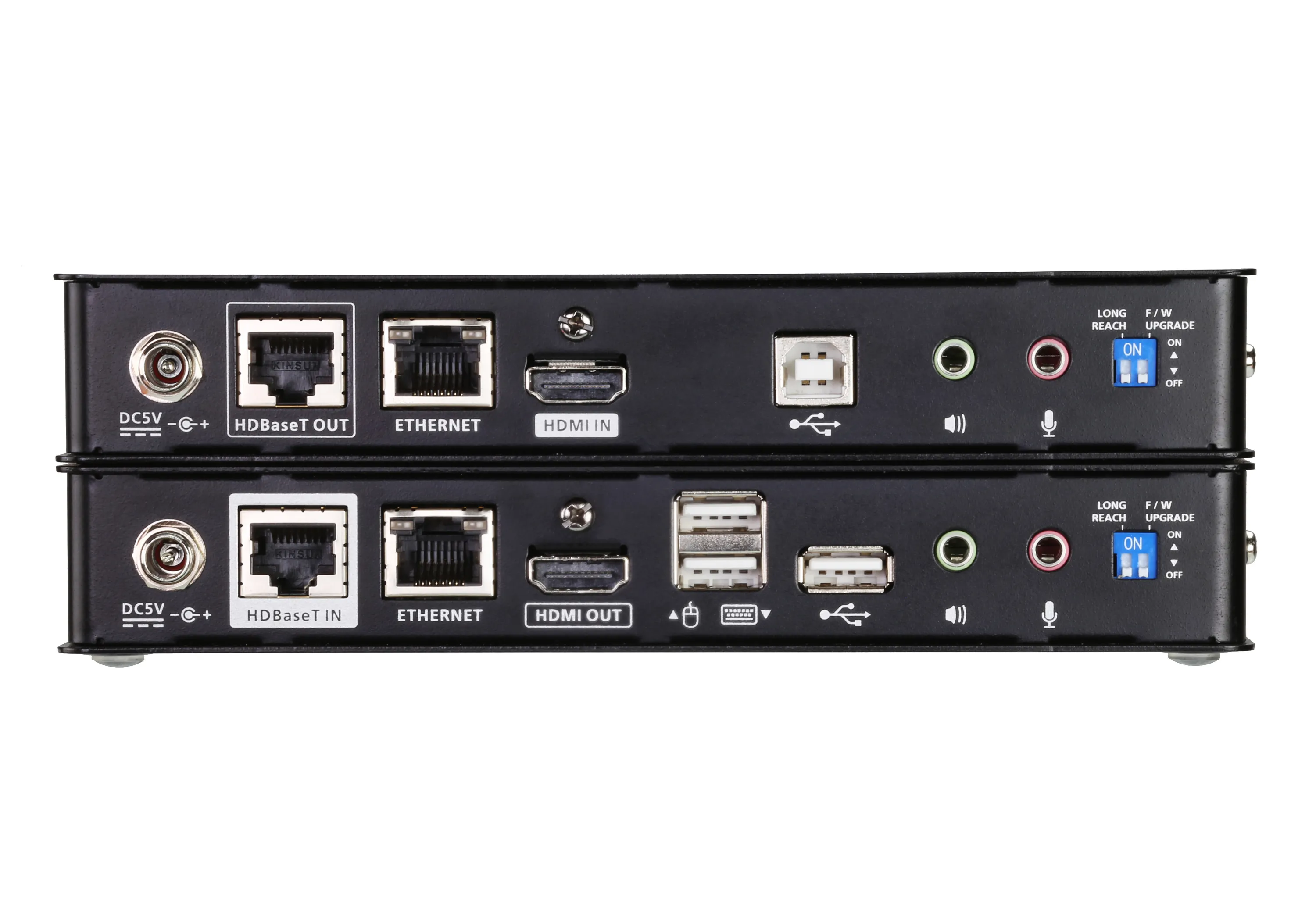 Extensor de video/audio Aten HDMI 4K 100m, vista trasera de emisor y receptor con puertos HDMI, HDBaseT, USB, audio y Extensor de video/audio Aten HDMI 4K 100m, vista trasera de emisor y receptor con puertos HDMI, HDBaseT, USB, audio y
