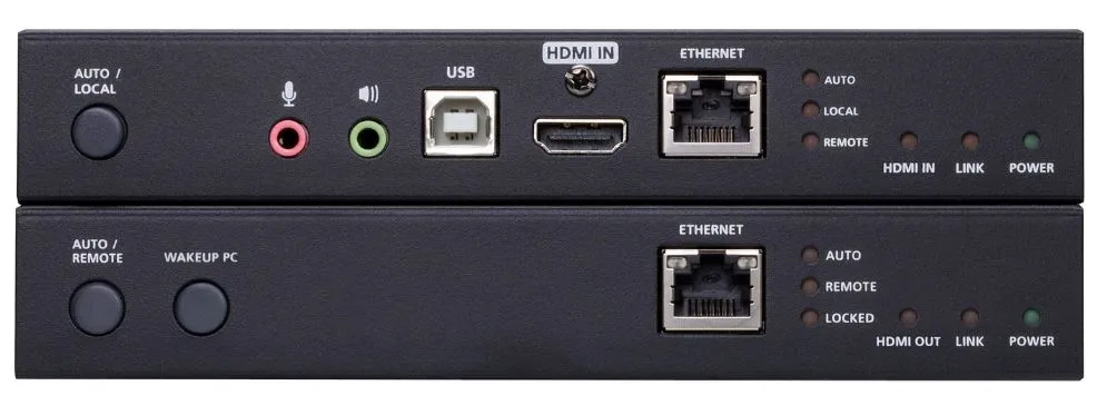 ATEN 4K HDMI extender set with 100m range showing stacked sender and receiver units rear ports including HDMI, audio, USB, ATEN 4K HDMI extender set with 100m range showing stacked sender and receiver units rear ports including HDMI, audio, USB,
