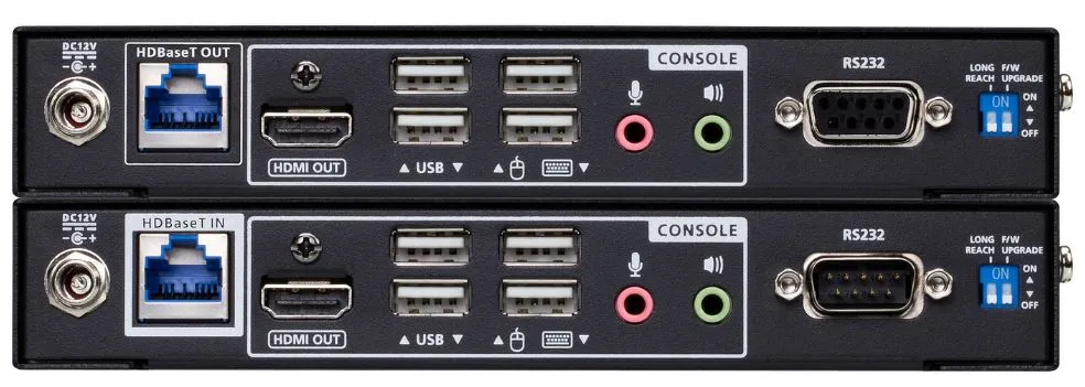 Aten 4K HDMI Video/Audio Extender 100m sender and receiver set showing rear ports including HDMI, USB, audio, RS232, Aten 4K HDMI Video/Audio Extender 100m sender and receiver set showing rear ports including HDMI, USB, audio, RS232,