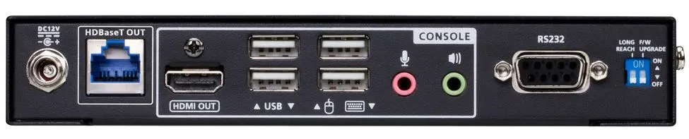 ATEN 4K HDMI Video/Audio Extender rear panel with HDBaseT, HDMI, USB, audio, RS232 ports, and DIP switches for 100m ATEN 4K HDMI Video/Audio Extender rear panel with HDBaseT, HDMI, USB, audio, RS232 ports, and DIP switches for 100m