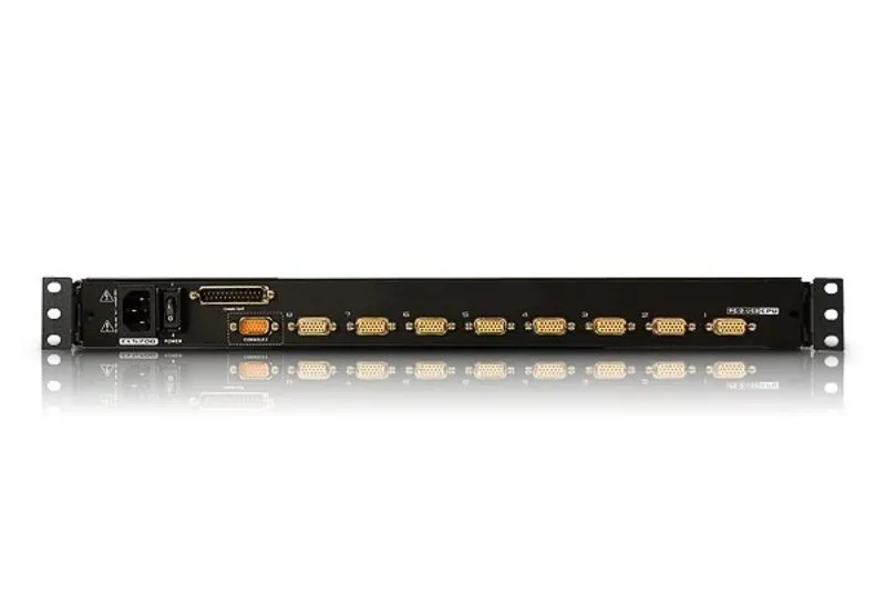Aten KVM/TFT 8-port 19-inch rack-mount KVM switch rear panel with power inlet, fuse, console port, serial port, and eight Aten KVM/TFT 8-port 19-inch rack-mount KVM switch rear panel with power inlet, fuse, console port, serial port, and eight