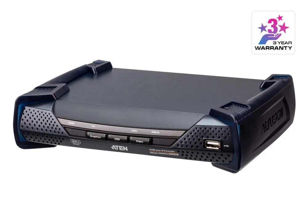 Extensor KVM ATEN sobre IP de doble pantalla DVI-I, receptor negro con LEDs, botones de gráficos y OSD, puerto USB y logo, Extensor KVM ATEN sobre IP de doble pantalla DVI-I, receptor negro con LEDs, botones de gráficos y OSD, puerto USB y logo,