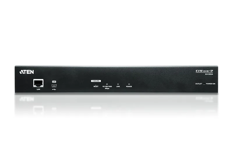 Aten KVM-Switch KN1000A con PDU e LAN IP, pannello frontale nero con porta RJ45, USB, LED, presa di corrente e pulsante di
