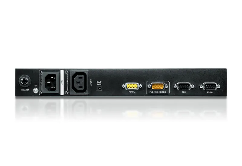 Aten KVM-Switch 1 porta LAN con PDU e funzione di commutazione, dispositivo nero frontale con pulsante breaker, presa di