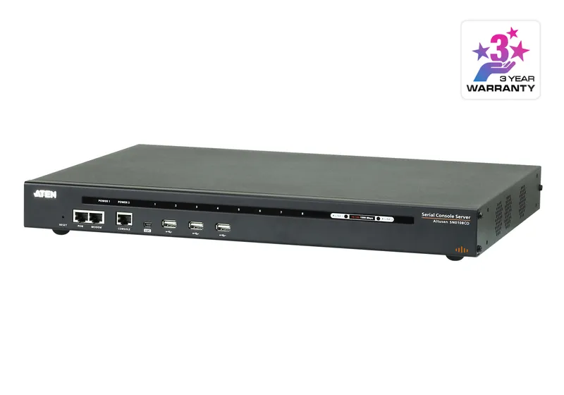 Servidor de consola serial Aten Altusen SN0108CO de 8 puertos con doble alimentación y LAN, vista frontal con ventilación