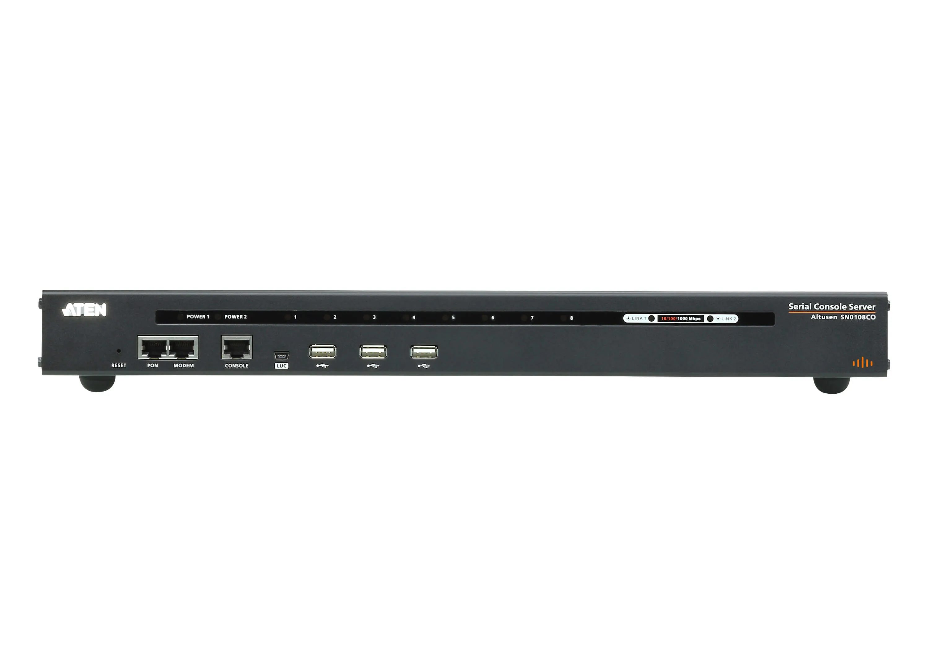 ATEN Serial-Switch 8-fach mit Dual-Strom/LAN, schwarze Frontansicht mit LED-Statusanzeige, 8 Ports, Reset-Taste, RJ45- und ATEN Serial-Switch 8-fach mit Dual-Strom/LAN, schwarze Frontansicht mit LED-Statusanzeige, 8 Ports, Reset-Taste, RJ45- und
