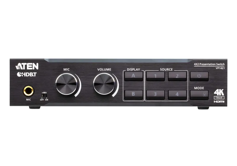 Aten Video Switch, 3xInput(HDMI/VGA/HDBaseT), 2xOutput(HDMI/HDBaseT), 4 x 2 True 4K Präsentation, DSP und HDBaseT-Lite