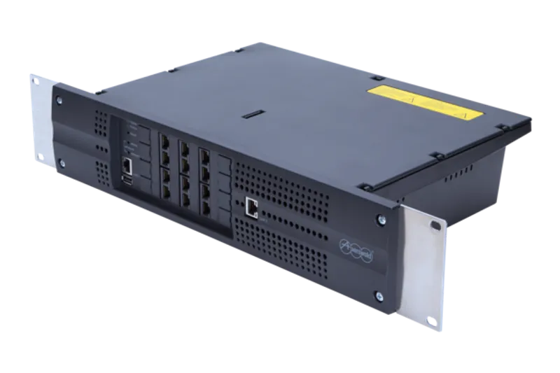 Rack-mountable black telecom device with silver mounting brackets, USB ports, LED indicators, and ventilation for network