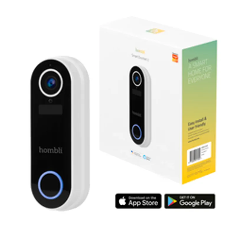Timbre inteligente Hombli Smart Türklingel 2 blanco con caja y logos de apps en fondo claro.
