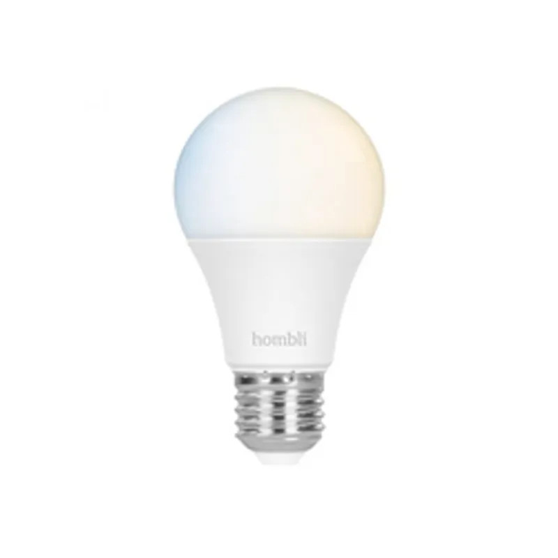 Lampadina smart Hombli E27 CCT con vetro a luce gradiente blu e gialla calda, base metallica E27 in ambiente domestico.