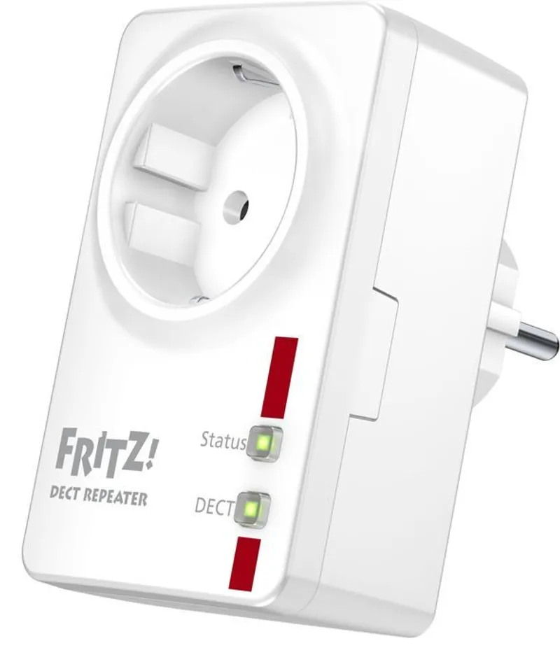 Белый FRITZ!DECT Repeater 100 с розеткой Schuko, зелёными индикаторами Status и DECT и металлическими штырями на боковой