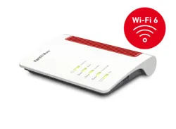 Weißer FRITZ!Box 7510 ADSL VDSL Router mit rotem Streifen, vier leuchtenden LEDs und Wi-Fi 6 Badge in Schrägansicht. Weißer FRITZ!Box 7510 ADSL VDSL Router mit rotem Streifen, vier leuchtenden LEDs und Wi-Fi 6 Badge in Schrägansicht.