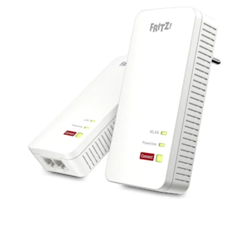 FRITZ!Powerline 1240 AX WLAN Set mit zwei weißen Adaptern – einer stehend mit WLAN- und Powerline-LEDs, der andere liegend