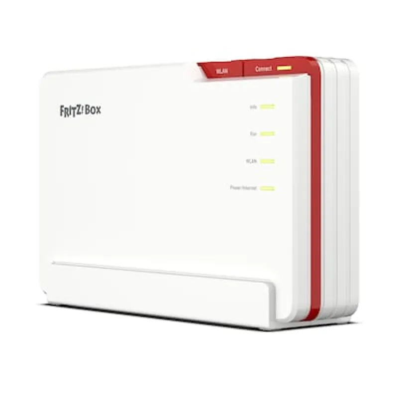 Weißer FRITZ!Box 5690 Pro Router mit rotem Akzentstreifen, beleuchteten Status-LEDs und WLAN- sowie Connect-Tasten in
