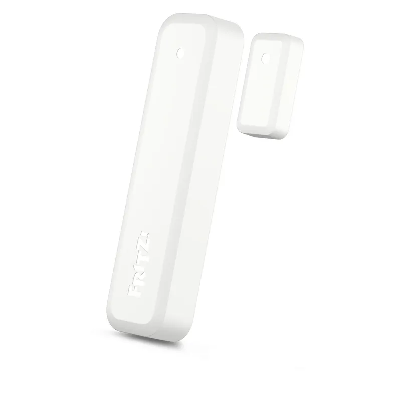 Sensor FRITZDECT 350 para puertas y ventanas con dos componentes blancos rectangulares de plástico mate en ángulo diagonal
