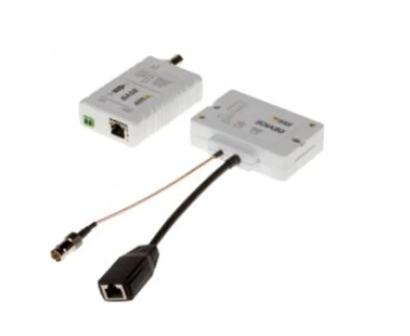 AXIS PoE over Coax T8645 Compact Kit adapters with green terminal block, RJ45 port, BNC connector, and power plug on white