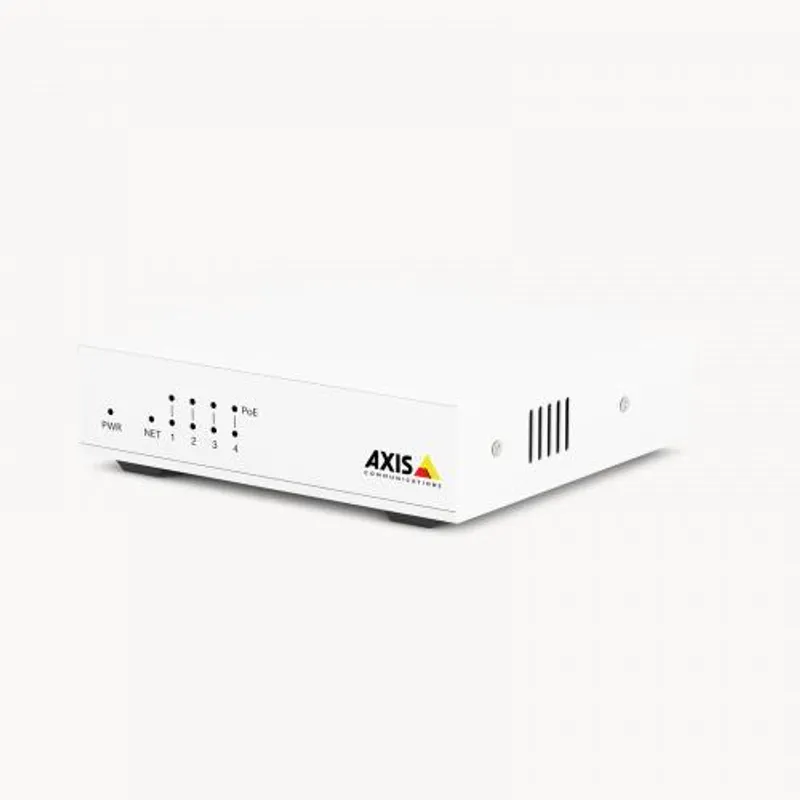 Conmutador de red AXIS D8004 PoE no gestionado de 4 puertos en carcasa blanca con LEDs PWR NET 1-4 y PoE y ranuras de