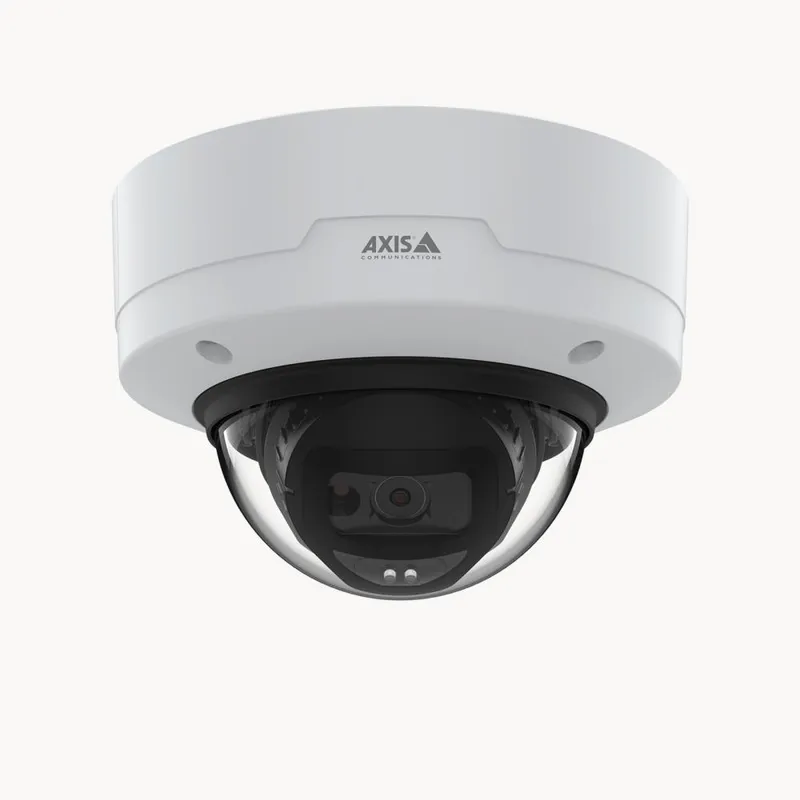 Cámara de red AXIS fija en forma de cúpula M3216-LVE 4MP con IA, vista desde abajo mostrando carcasa cilíndrica blanca con
