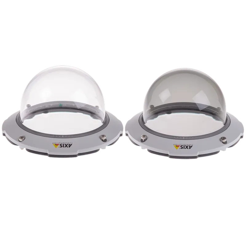 AXIS TQ6810 Clear Dome Zubehör Cover, zwei Kamera-Gehäuse mit silbernen Schrauben und Axis-Logo, eines mit klarem und eines