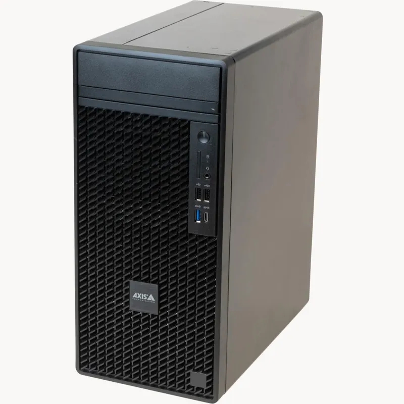 AXIS S1216 Tower recording server with front ventilation grille, USB 3.0 ports, power button, and AXIS Communications