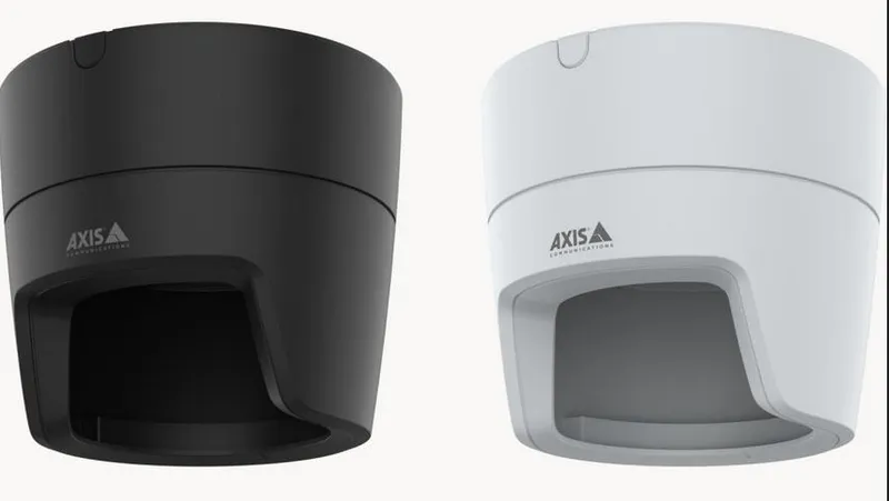 Housses de caméra dôme AXIS TM3828-E, deux unités cylindriques noire et blanche avec logo AXIS COMMUNICATIONS et ouverture