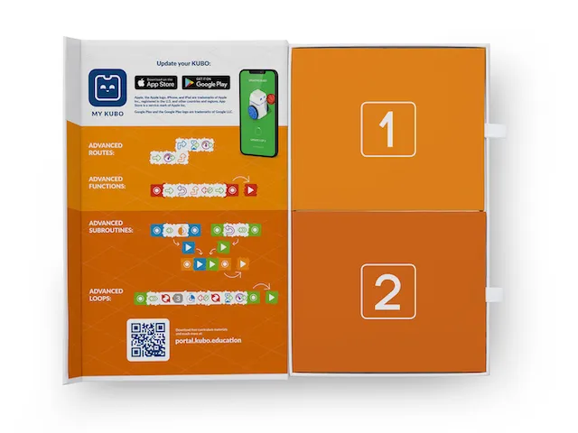 KUBO Coding+ Set open booklet with app integration, coding blocks for advanced routes, functions, subroutines, and loops, KUBO Coding+ Set open booklet with app integration, coding blocks for advanced routes, functions, subroutines, and loops,