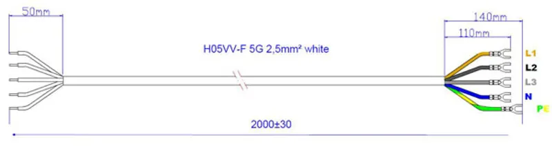 Cavo elettrico Bachmann Herdleitung H05VV-F 5G2.50 2,0 0m bianco AEH/GKS, schema tecnico con cinque conduttori colorati e