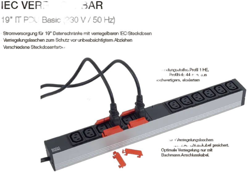 ALLNET 19"zbh. Steckdosenleiste,12xKaltgeräte(C13)->Stecker(CEE7), mit Verriegelungssystem, Bachmann,