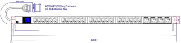 Bachmann PDU, Steckdosen, 24xDosen(C13)+4x(C19)->1ph Zuleitung 3,0m CEE 16A Stecker Blau, BN0500,