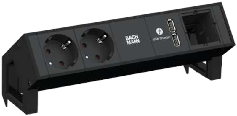 Bachmann Desk2 Steckdosenleiste, 2xDosen(CEE7), 1xUSB Charger, 1xABD, mit Zuleitung 0,2m GST18, Schwarz
