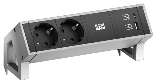 Bachmann Desk2 Steckdosenleiste, 2xDosen(CEE7)+1xUSB A&C 22W Charger mit Zuleitung GST18 0,2m, INOX