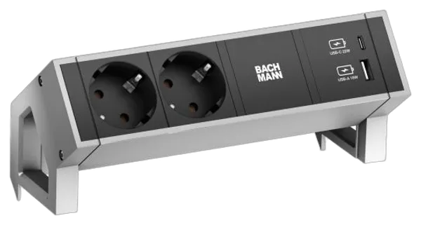 Bachmann Desk2 Steckdosenleiste, 2xDosen(CEE7)+1xUSB A&C 22W Charger mit Zuleitung GST18 0,2m, INOX
