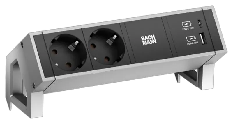Bachmann Desk2 Steckdosenleiste, 2xDosen(CEE7)+1xUSB A&C 22W Charger mit Zuleitung GST18 0,2m, INOX