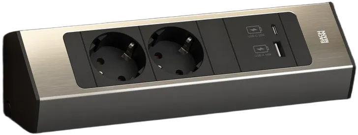 Bachmann CASIA 2, Steckdosenleiste, 2xDosen(CEE7)+1xUSB A/C 22W, mit Zuleitung 2m, AEH Edelstahl-Optik