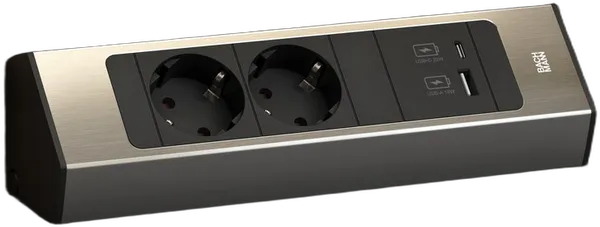 Bachmann CASIA 2, Steckdosenleiste, 2xDosen(CEE7)+1xUSB A/C 22W, mit Zuleitung 2m, AEH Edelstahl-Optik