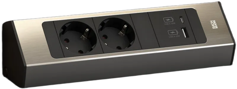 Bachmann CASIA 2, Steckdosenleiste, 2xDosen(CEE7)+1xUSB A/C 22W, mit Zuleitung 2m, AEH Edelstahl-Optik