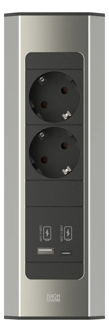 Bachmann CASIA 2, Steckdosenleiste, 2xDosen(CEE7)+1xUSB A/C 22W, mit Zuleitung 2m, AEH Edelstahl-Optik