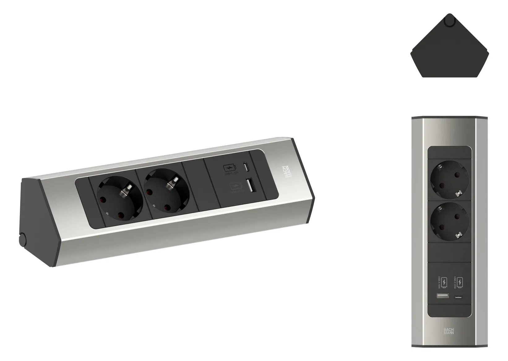 Bachmann CASIA 2 Steckdosenleiste mit 2xSchuko-Steckdosen, 1xUSB-A/USB-C-Anschluss, 2m Zuleitung in Edelstahl-Optik,