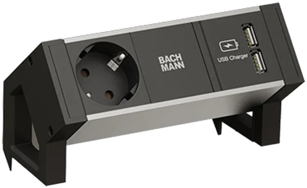 Bachmann Desk2 Steckdosenleiste, 1xDosen(CEE7), 2xUSB A 15,5W, 1xABD, mit Zuleitung 0,2m GST18, Alu/Black