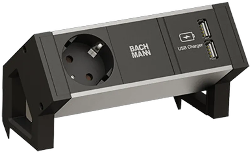 Bachmann Desk2 Steckdosenleiste, 1xDosen(CEE7), 2xUSB A 15,5W, 1xABD, mit Zuleitung 0,2m GST18, Alu/Black