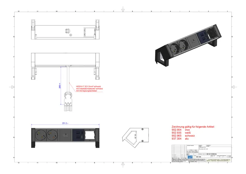 Bachmann Desk2 Steckdosenleiste, 2xDosen(CEE7), 1xCM 1xUSB A&C 22W 0,2m GST18