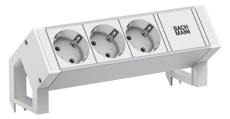 Regleta Bachmann Desk2 blanca con 3 enchufes Schuko y soporte en L para escritorio