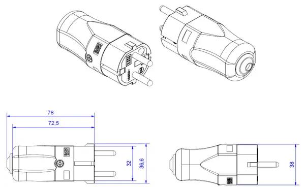 Bachmann Stecker CEE 7/7 con contactos de protección en negro, mostrando vistas técnicas detalladas con dimensiones y