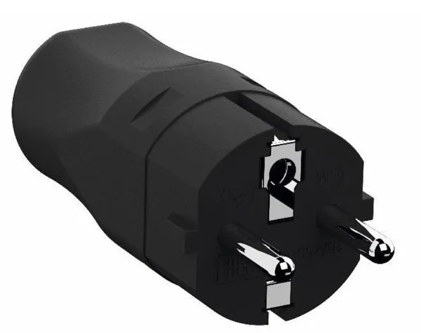 Bachmann Stecker CEE 7/7, enchufe eléctrico negro con dos clavijas metálicas redondas, orificio de tierra central y