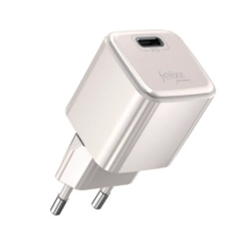 Cargador de viaje felixx 25W PD con USB-C y PPS en color blanco perlado, mostrado con puerto único y clavijas europeas para