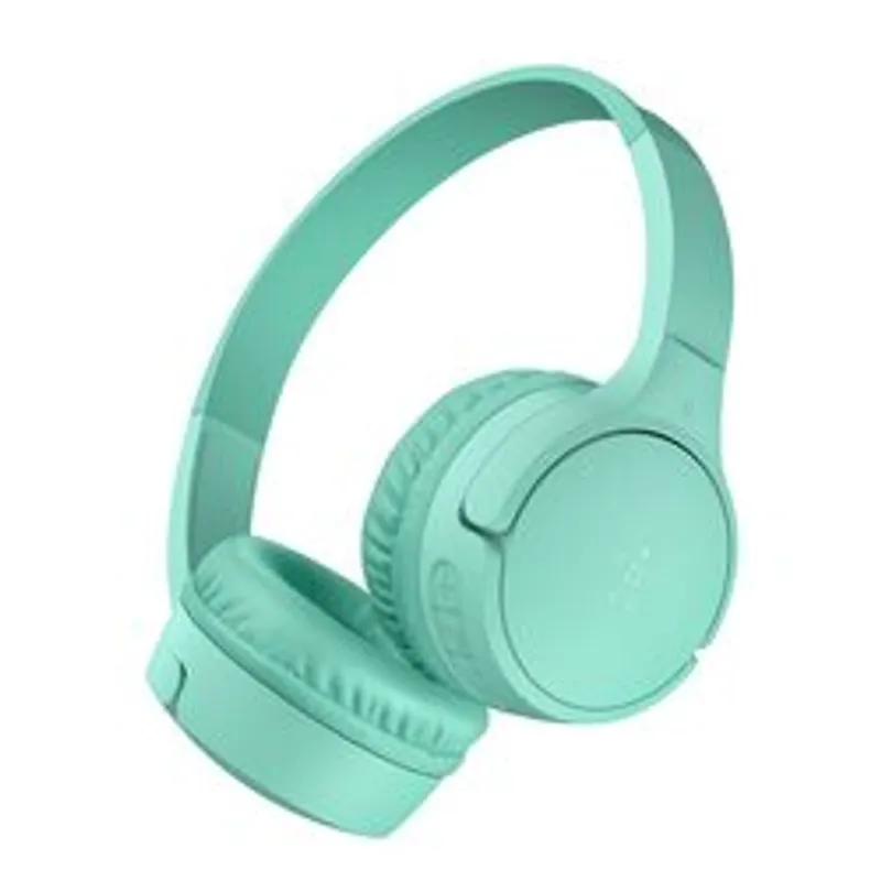 Casque audio Belkin SoundForm Mini BT pour enfants en menthe, présenté en vue trois-quarts avec bandeau et coussinets
